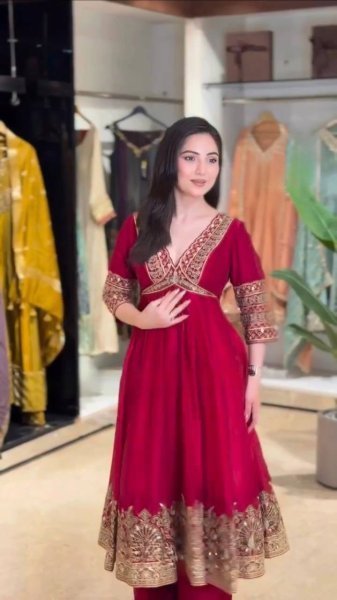 Ethnic Red Chinon Anarkali Suit with Thread Sequin and Coding Work For Festival Ready To Wear Collection