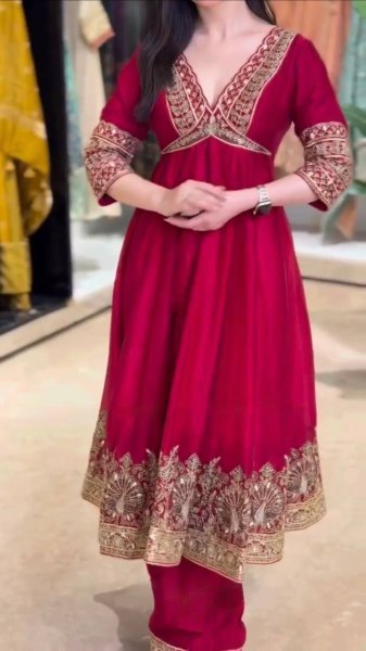 Ethnic Red Chinon Anarkali Suit with Thread Sequin and Coding Work For Festival Ready To Wear Collection