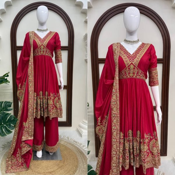 Ethnic Red Chinon Anarkali Suit with Thread Sequin and Coding Work For Festival Ready To Wear Collection