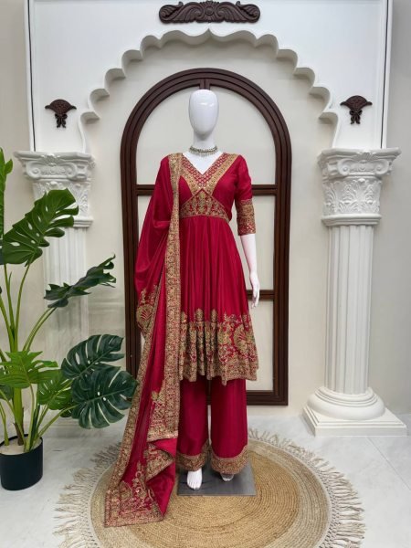 Ethnic Red Chinon Anarkali Suit with Thread Sequin and Coding Work For Festival Ready To Wear Collection