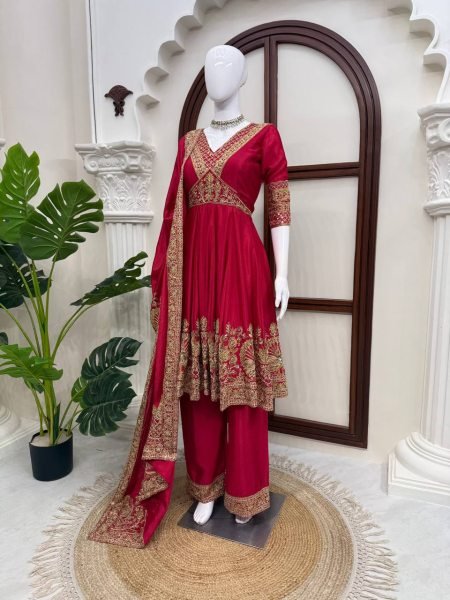 Ethnic Red Chinon Anarkali Suit with Thread Sequin and Coding Work For Festival Ready To Wear Collection