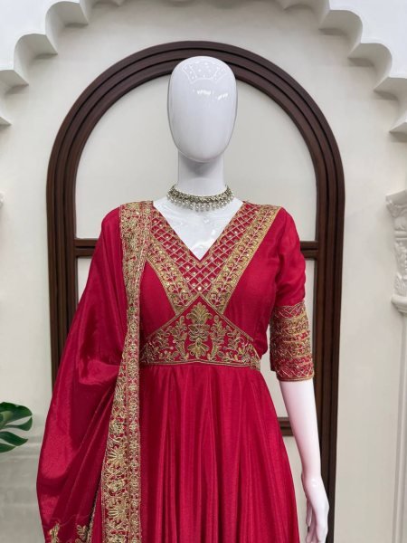Ethnic Red Chinon Anarkali Suit with Thread Sequin and Coding Work For Festival Ready To Wear Collection
