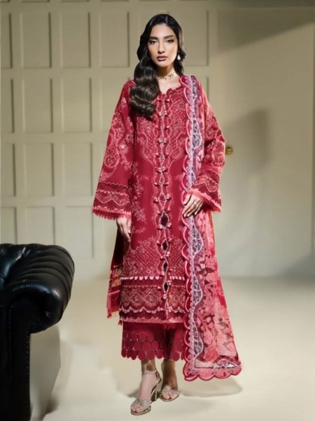 Ethnic Red Premium Jade Le Lawn Cotton Suit with Heavy Embroidery for Women Salwar Kameez