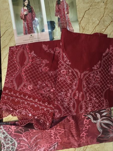 Ethnic Red Premium Jade Le Lawn Cotton Suit with Heavy Embroidery for Women Pakistani Suits Wholesale