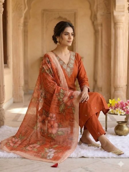 Ethnic Rust Roman Silk Kurti Pant Set with Chanderi Digital Print Dupatta Embroidery Kurtis 