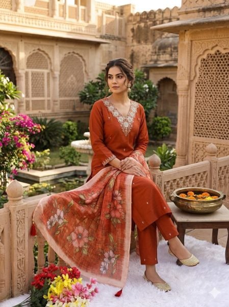 Ethnic Rust Roman Silk Kurti Pant Set with Chanderi Digital Print Dupatta Embroidery Kurtis 