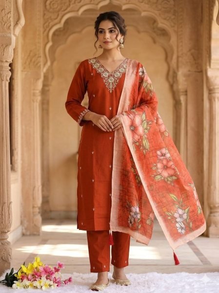 Ethnic Rust Roman Silk Kurti Pant Set with Chanderi Digital Print Dupatta Embroidery Kurtis 