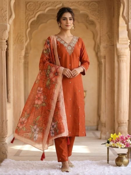 Ethnic Rust Roman Silk Kurti Pant Set with Chanderi Digital Print Dupatta Embroidery Kurtis 