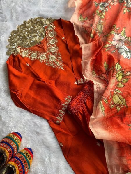 Ethnic Rust Roman Silk Kurti Pant Set with Chanderi Digital Print Dupatta Embroidery Kurtis 