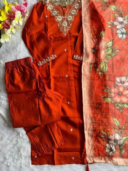Ethnic Rust Roman Silk Kurti Pant Set with Chanderi Digital Print Dupatta Embroidery Kurtis 