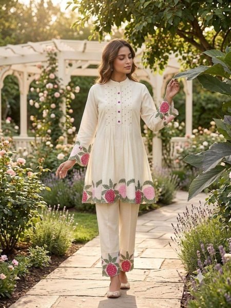 Ethnic Summer Wear Designer Roman Fabric Co Ord Set with Embroidery Work for Resellers and Retailers Kurtis