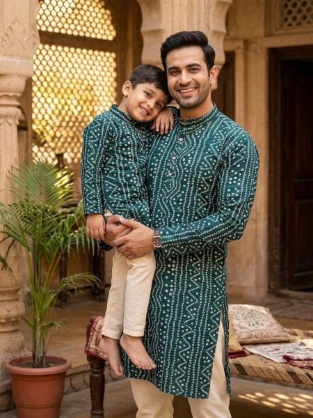 Ethnic Teal Green Father Son Kurta Set with Pyjama for Wedding and Festive Collection 