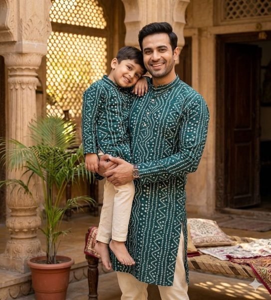 Ethnic Teal Green Father Son Kurta Set with Pyjama for Wedding and Festive Collection Father Son Collection 