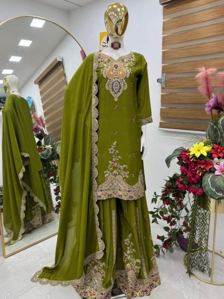 Ethnic Wear Chinnon Silk Olive Green Palazzo Suit With Dupatta For Women  