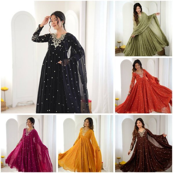 Ethnic Wear Pisat Faux Georgette Gown Set with Embroidered Dupatta at Wholesale Rate Ready To Wear Collection