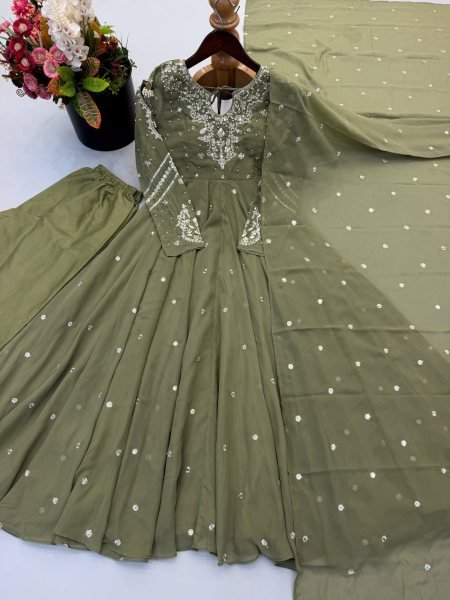 Ethnic Wear Pisat Faux Georgette Gown Set with Embroidered Dupatta at Wholesale Rate Ready To Wear Collection