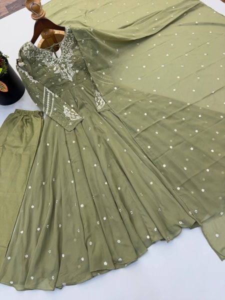 Ethnic Wear Pisat Faux Georgette Gown Set with Embroidered Dupatta at Wholesale Rate Ready To Wear Collection