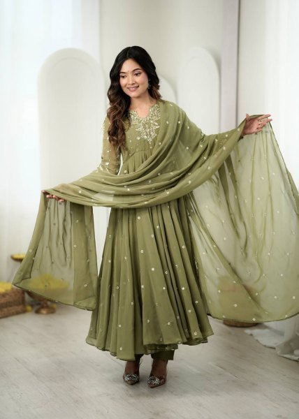 Ethnic Wear Pisat Faux Georgette Gown Set with Embroidered Dupatta at Wholesale Rate Ready To Wear Collection