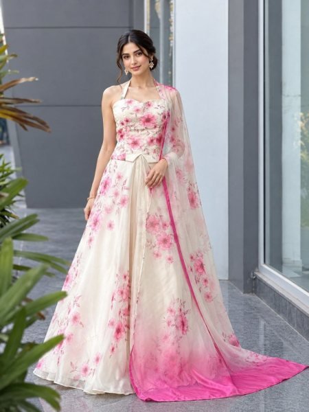 Ethnic White Designer Organza Lehenga with Digital Print and Padded Blouse for Party Designer Lehenga Choli
