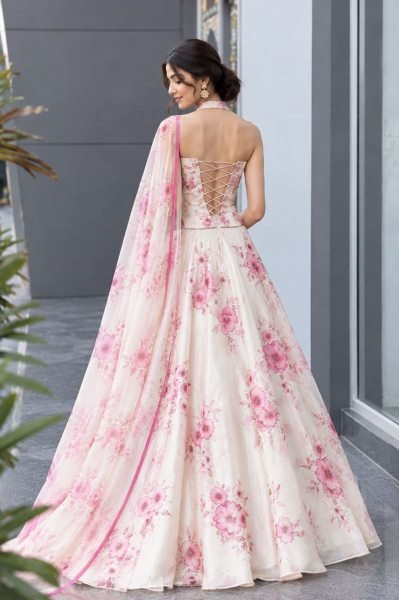 Ethnic White Designer Organza Lehenga with Digital Print and Padded Blouse for Party Designer Lehenga Choli