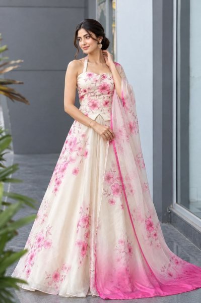 Ethnic White Designer Organza Lehenga with Digital Print and Padded Blouse for Party Designer Lehenga Choli