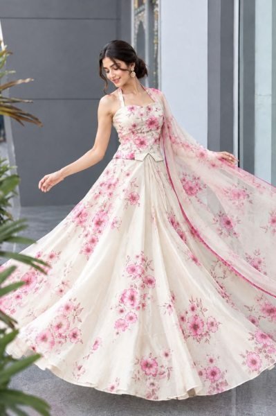 Ethnic White Designer Organza Lehenga with Digital Print and Padded Blouse for Party Designer Lehenga Choli