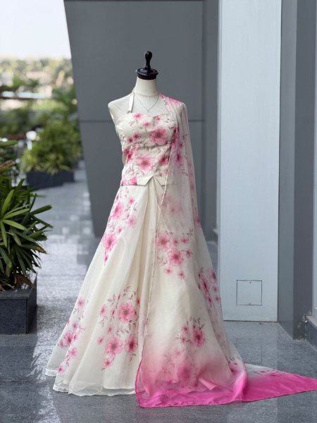 Ethnic White Designer Organza Lehenga with Digital Print and Padded Blouse for Party Designer Lehenga Choli
