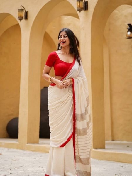 Ethnic White Premium Linen Cotton Digital Printed Saree with Contrast Border Sarees 