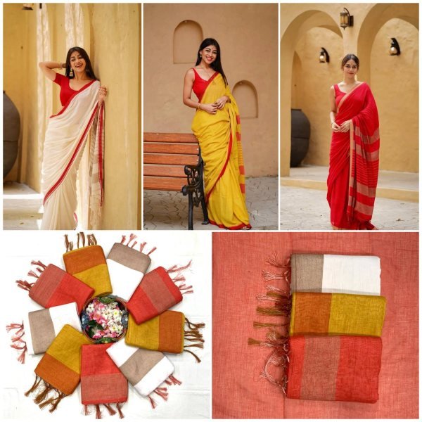 Ethnic White Premium Linen Cotton Digital Printed Saree with Contrast Border Printed Cotton Sarees Wholesale