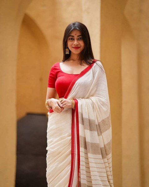 Ethnic White Premium Linen Cotton Digital Printed Saree with Contrast Border Printed Cotton Sarees Wholesale