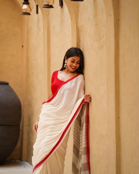 Ethnic White Premium Linen Cotton Digital Printed Saree with Contrast Border Printed Cotton Sarees Wholesale