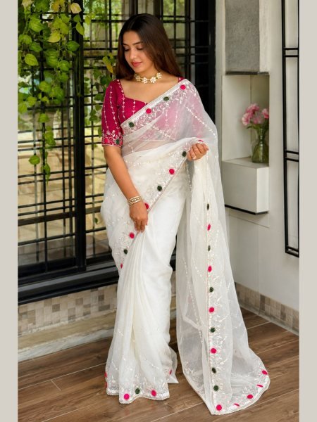 Ethnic White Sonic Crush Saree with Velvet Cutwork  Zari and Sequins Work For Wedding 
