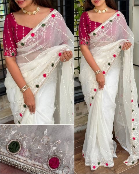 Ethnic White Sonic Crush Saree with Velvet Cutwork  Zari and Sequins Work For Wedding Designer Wedding Sarees Wholesale