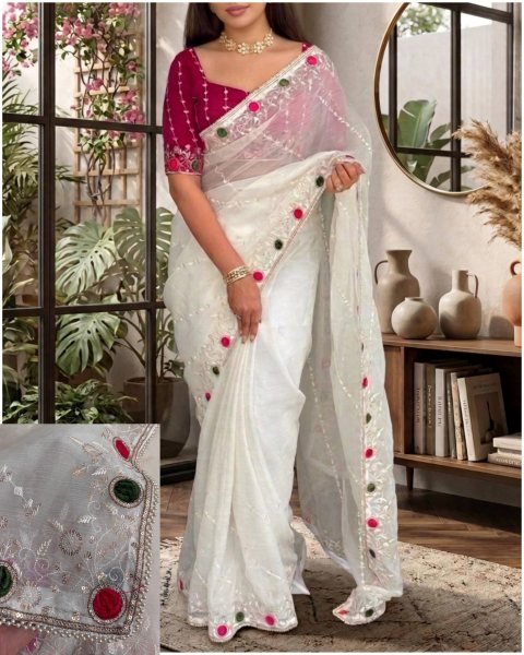 Ethnic White Sonic Crush Saree with Velvet Cutwork  Zari and Sequins Work For Wedding Designer Wedding Sarees Wholesale