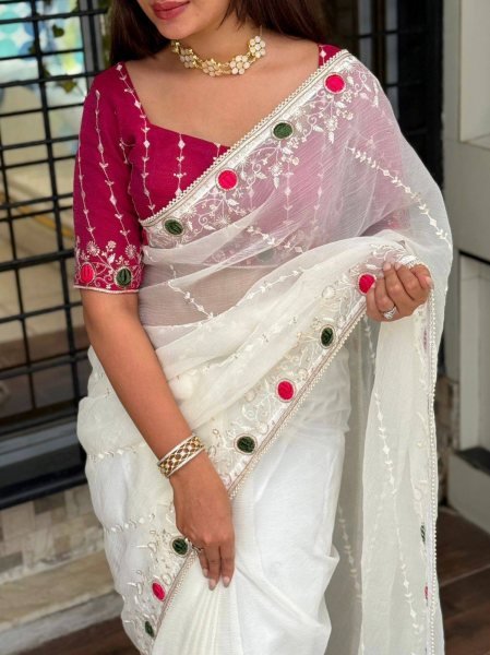 Ethnic White Sonic Crush Saree with Velvet Cutwork  Zari and Sequins Work For Wedding Designer Wedding Sarees Wholesale