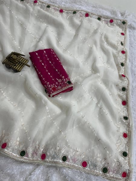 Ethnic White Sonic Crush Saree with Velvet Cutwork  Zari and Sequins Work For Wedding Designer Wedding Sarees Wholesale