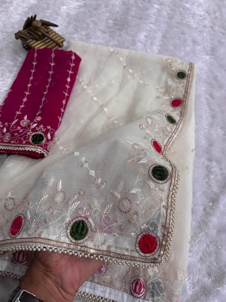 Ethnic White Sonic Crush Saree with Velvet Cutwork  Zari and Sequins Work For Wedding Designer Wedding Sarees Wholesale