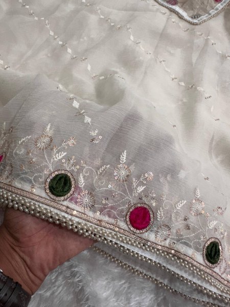 Ethnic White Sonic Crush Saree with Velvet Cutwork  Zari and Sequins Work For Wedding Designer Wedding Sarees Wholesale