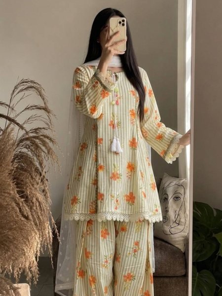 Ethnic Yellow Pure Natural Crepe Top Farshi Pant Set with Nazmin Dupatta For Kurti Set Bulk Order Ready To Wear Suit