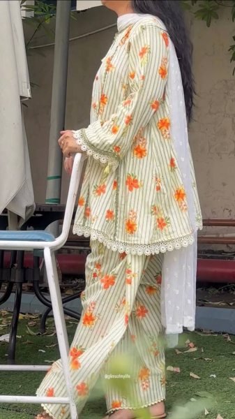 Ethnic Yellow Pure Natural Crepe Top Farshi Pant Set with Nazmin Dupatta For Kurti Set Bulk Order Ready To Wear Collection