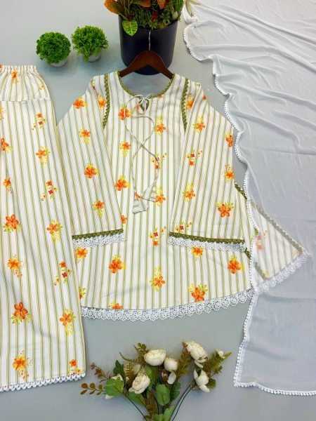 Ethnic Yellow Pure Natural Crepe Top Farshi Pant Set with Nazmin Dupatta For Kurti Set Bulk Order Ready To Wear Collection