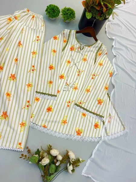 Ethnic Yellow Pure Natural Crepe Top Farshi Pant Set with Nazmin Dupatta For Kurti Set Bulk Order Ready To Wear Collection