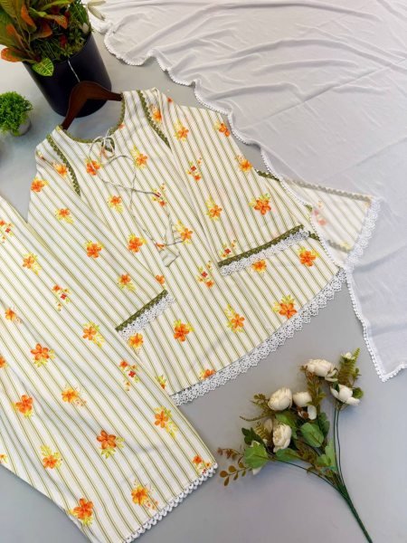 Ethnic Yellow Pure Natural Crepe Top Farshi Pant Set with Nazmin Dupatta For Kurti Set Bulk Order Ready To Wear Collection