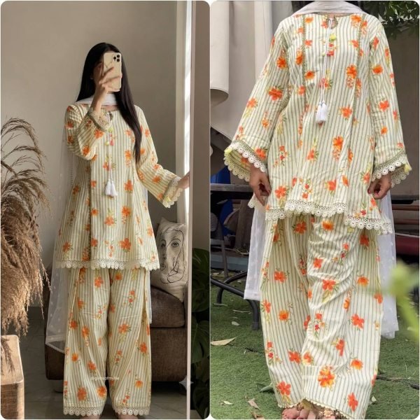 Ethnic Yellow Pure Natural Crepe Top Farshi Pant Set with Nazmin Dupatta For Kurti Set Bulk Order Ready To Wear Collection