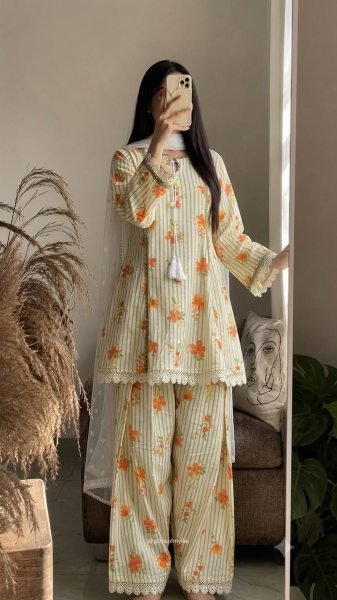 Ethnic Yellow Pure Natural Crepe Top Farshi Pant Set with Nazmin Dupatta For Kurti Set Bulk Order Ready To Wear Collection