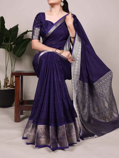 Evening Festive Look Navy Blue Chinon Saree with Rich Zari Border & Elegant Drape 