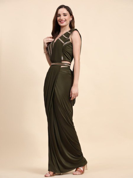 Glow in Mahendi Crystal Ready Saree with Lace Blouse for Elegant Evenings Ready To Wear Saree 