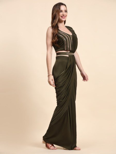 Glow in Mahendi Crystal Ready Saree with Lace Blouse for Elegant Evenings Ready To Wear Saree 