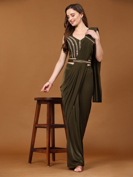 Glow in Mahendi Crystal Ready Saree with Lace Blouse for Elegant Evenings Ready To Wear Saree 