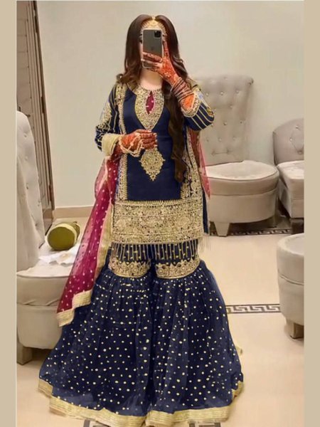  Evening Royal Navy Blue Georgette Suit in Pakistani Sharara Look Salwar Kameez